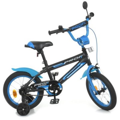 Велосипед дитячий PROF1 14д. Y 14323-1 (1шт/ящ) Inspirer, SKD 75, ліхтар, дзвінок, дзеркало, додаткові колеса, чорно-синій (мато