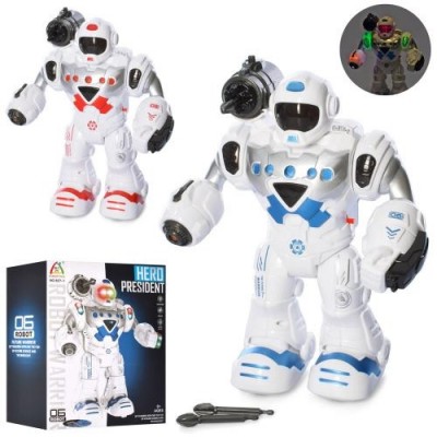 Робот 827-827-1 (30шт) зріст 24см, звук, світло, ходить, стріл.стрілами, 2 кольори, на батарейках, в коробці, 19,5-24-12см