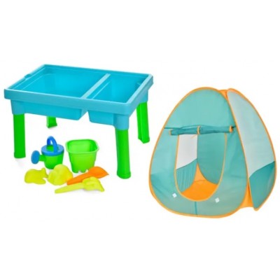 Столик-пісочниця R 399-25-29 намет, лійка, лопатка, граблі, формочки, 2 види 43-29-25см, у коробці