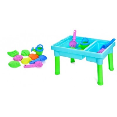Столик-пісочниця R 399-2A-4A лійка, лопатка, граблі, формочки, 2 види 43-29-25см, у коробці