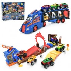 Трейлер DS074 (8шт) 47,5см, трек, машинки 5шт 8см, дорожні знаки, в кор-ці, 48-40-10см