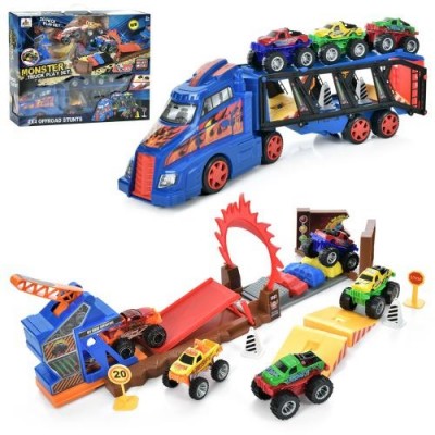 Трейлер DS074 (8шт) 47,5см, трек, машинки 5шт 8см, дорожні знаки, в кор-ці, 48-40-10см