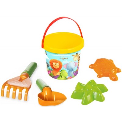 Набор для песка 39923 "Звірятка", "Тигрес", відерко 1 л, лопатка, граблі, паски 2 шт, в сітці