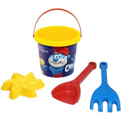 Набор для песка 40077 "Смурфы", "Тигрес", ведерко 1 л, лопатка, грабли, куличи 1 шт, в сетке
